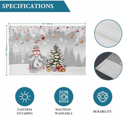 Christmas Gnome Placemats Set of 6, Winter Merry Christmas Tree Balls Heat Resistant Washable Table Place Mats Grey Cotton Table Linens Party Holiday Decor for Kitchen Dining Outdoor Indoor