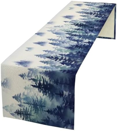 Watercolor Blue Pine Trees Table Runner, Forest Woodland Tabletop Scarf Home Kitchen Holiday Decor, Seasonal Farmhouse Rustic Dining Decorations Party Supply 13 X 60 Inch