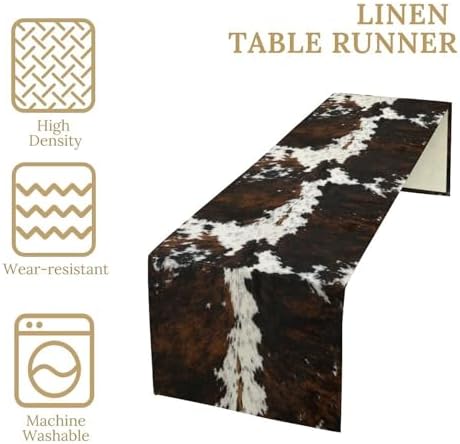 Vintage Cow Print Table Runner, Rustic Cottage Country Farm Animal Fur Skin Pattern Western Style Black Brown Cowhide Print Dinner Runner for Home Kitchen Dining Table Decoration 13x108 Inch