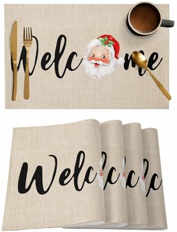 Christmas Welcome Placemats Set of 4, Santa Heat Resistant Washable Table Place Mats Farmhouse Rustic Xmas Cotton Table Linens Party Holiday Decor for Kitchen Dining Outdoor Indoor