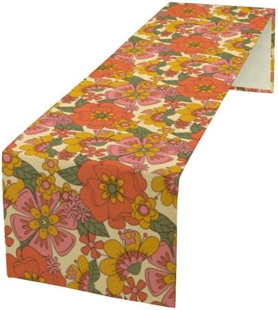 Retro 70s Floral Table Runner Hippie Daisy Flower Peace Love Birthday Party Retro Kitchen Dinning Home Decoration 13x90 Inch