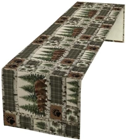 Vintage Rustic Cabin Moose Deer Bear Table Runner, Retro Bear Cottage Country Style Cabin Farmhouse Dinner Runner for Home Kitchen Dining Table Decoration 13"x36"