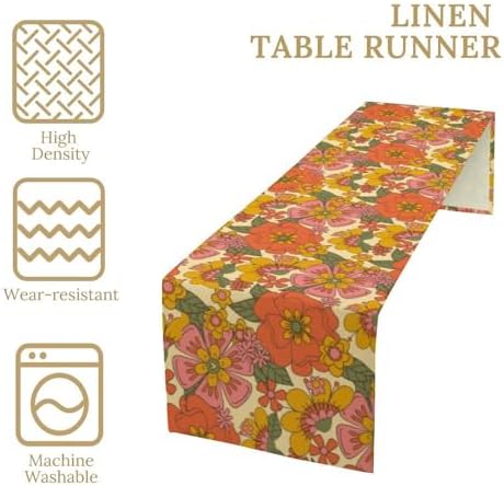 Retro 70s Floral Table Runner Hippie Daisy Flower Peace Love Birthday Party Retro Kitchen Dinning Home Decoration 13x90 Inch