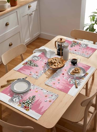 Christmas Gnome Placemats Set of 4, Winter Merry Christmas Tree Balls Heat Resistant Washable Table Place Mats Pink Cotton Table Linens Party Holiday Decor for Kitchen Dining Outdoor Indoor