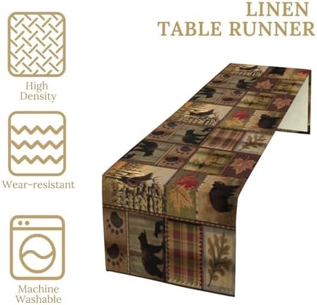 Rustic Moose Deer Bear Table Runner, Retro Vintage Bear Cottage Country Style Cabin Farmhouse Dinner Runner for Home Kitchen Dining Table Decoration 13"x90"