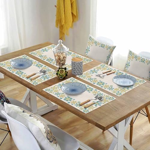 Gold Blue Snowflakes Christmas Placemat 1PC, Winter Xmas Holiday Heat Resistant Washable Table Place Mats Beige Cotton Table Linens Party Holiday Decor for Kitchen Dining Outdoor Indoor