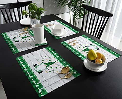 St. Patrick's Day Gnomes Clover Placemats Set of 6, Irish Green Buffalo Check Plaid Clover Cotton Linen Heat Resistant Table Mats Washable Spring Holidays Decorations For Kitchen Dining Table