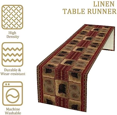 Rustic Bear Table Runner, Retro Vintage Bear Country Cabin Cottage Pine Tree Dinner Table Decoration for Home Kitchen Dining 13"x60"