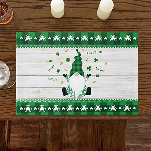 St. Patrick's Day Gnomes Clover Placemats Set of 6, Irish Green Buffalo Check Plaid Clover Cotton Linen Heat Resistant Table Mats Washable Spring Holidays Decorations For Kitchen Dining Table