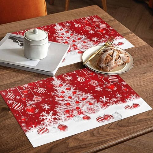 Red Christmas Placemat 1PC, White Xmas Tree Snowflakes Red Balls Heat Resistant Washable Table Place Mats Winter Cotton Table Linens Party Holiday Decor for Kitchen Dining Outdoor Indoor