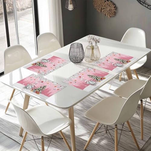 Christmas Gnome Placemats Set of 4, Winter Merry Christmas Tree Balls Heat Resistant Washable Table Place Mats Pink Cotton Table Linens Party Holiday Decor for Kitchen Dining Outdoor Indoor