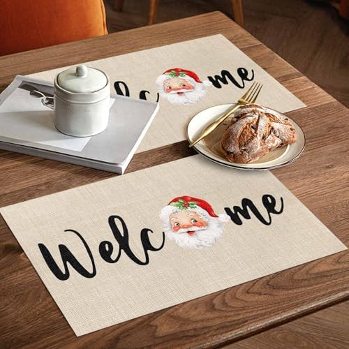 Christmas Welcome Placemats Set of 4, Santa Heat Resistant Washable Table Place Mats Farmhouse Rustic Xmas Cotton Table Linens Party Holiday Decor for Kitchen Dining Outdoor Indoor