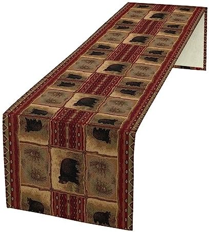 Rustic Bear Table Runner, Retro Vintage Bear Country Cabin Cottage Pine Tree Dinner Table Decoration for Home Kitchen Dining 13"x60"