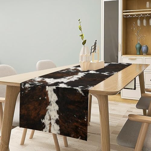 Vintage Cow Print Table Runner, Rustic Cottage Country Farm Animal Fur Skin Pattern Western Style Black Brown Cowhide Print Dinner Runner for Home Kitchen Dining Table Decoration 13x108 Inch