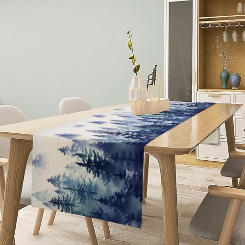 Watercolor Blue Pine Trees Table Runner, Forest Woodland Tabletop Scarf Home Kitchen Holiday Decor, Seasonal Farmhouse Rustic Dining Decorations Party Supply 13 X 60 Inch