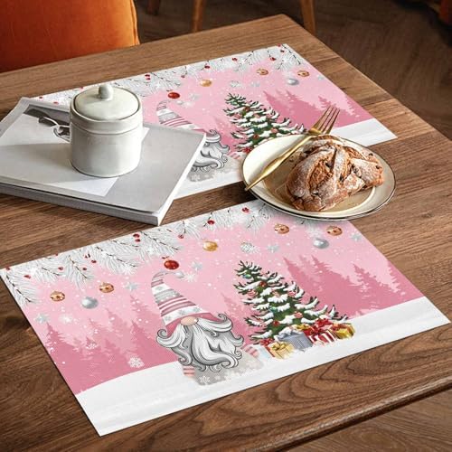 Christmas Gnome Placemats Set of 4, Winter Merry Christmas Tree Balls Heat Resistant Washable Table Place Mats Pink Cotton Table Linens Party Holiday Decor for Kitchen Dining Outdoor Indoor