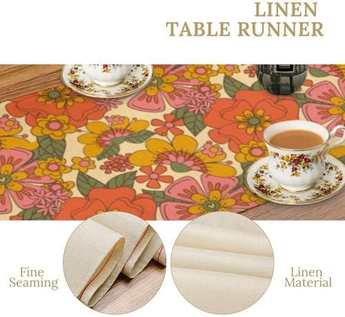 Retro 70s Floral Table Runner Hippie Daisy Flower Peace Love Birthday Party Retro Kitchen Dinning Home Decoration 13x90 Inch