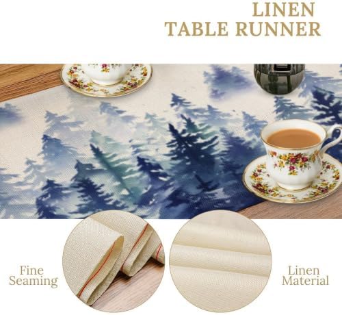 Watercolor Blue Pine Trees Table Runner, Forest Woodland Tabletop Scarf Home Kitchen Holiday Decor, Seasonal Farmhouse Rustic Dining Decorations Party Supply 13 X 60 Inch