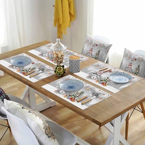 Christmas Gnome Placemats Set of 6, Winter Merry Christmas Tree Balls Heat Resistant Washable Table Place Mats Grey Cotton Table Linens Party Holiday Decor for Kitchen Dining Outdoor Indoor