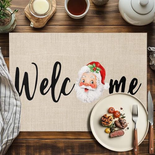 Christmas Welcome Placemats Set of 4, Santa Heat Resistant Washable Table Place Mats Farmhouse Rustic Xmas Cotton Table Linens Party Holiday Decor for Kitchen Dining Outdoor Indoor