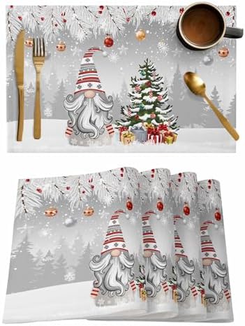 Christmas Gnome Placemats Set of 6, Winter Merry Christmas Tree Balls Heat Resistant Washable Table Place Mats Grey Cotton Table Linens Party Holiday Decor for Kitchen Dining Outdoor Indoor